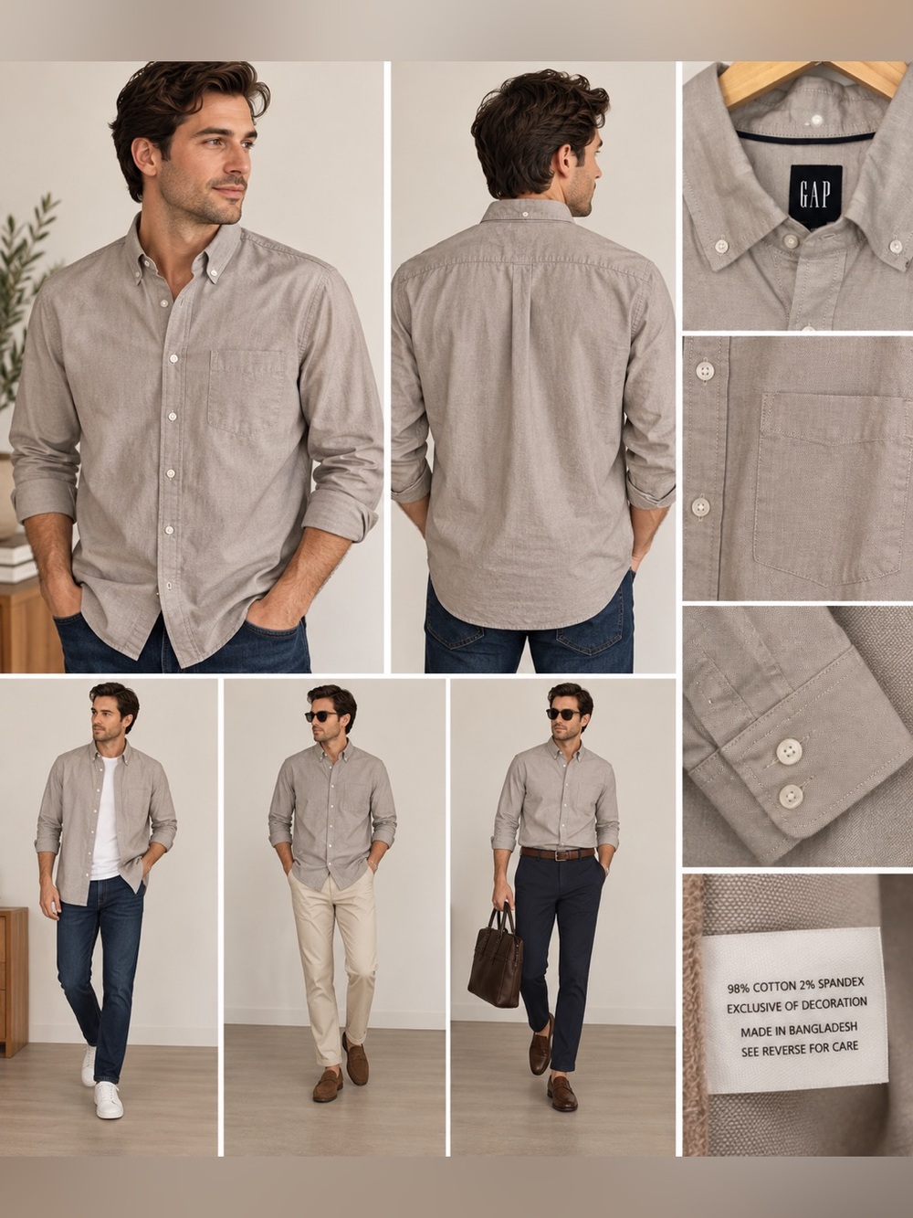 GAP Taupe Stretch Cotton Oxford Button Down Shirt Classic Preppy